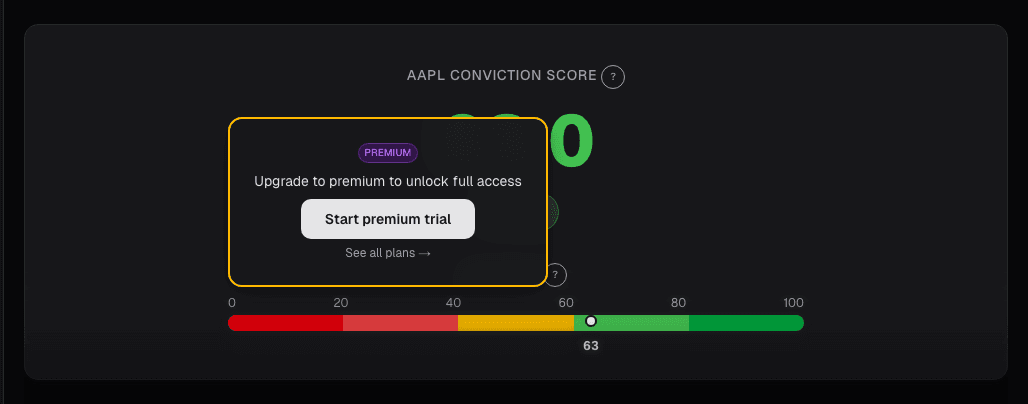 Conviction gauge on a watched ticker showing strategy alignment and credibility