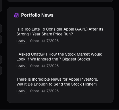 Dashboard news feed card on alphactor.ai