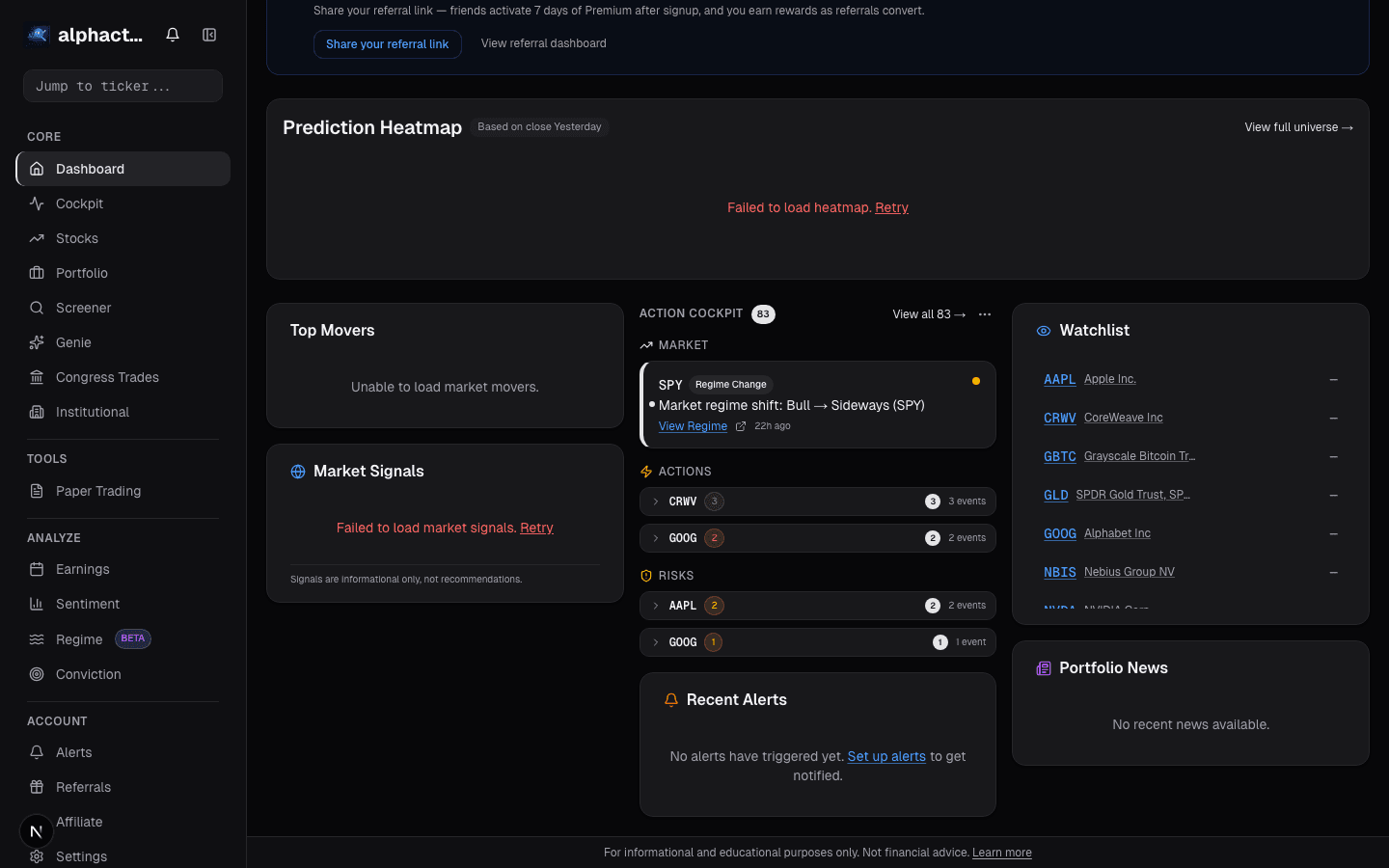 Dashboard user signals card on alphactor.ai