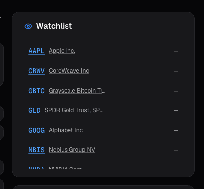 Dashboard watchlist card on alphactor.ai