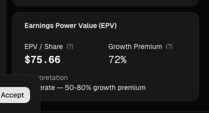 EPV earnings power value card on alphactor.ai