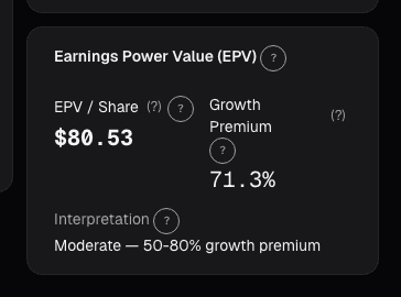 EPV earnings power value card on alphactor.ai