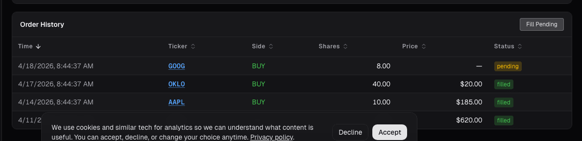 Paper trading order history card on alphactor.ai