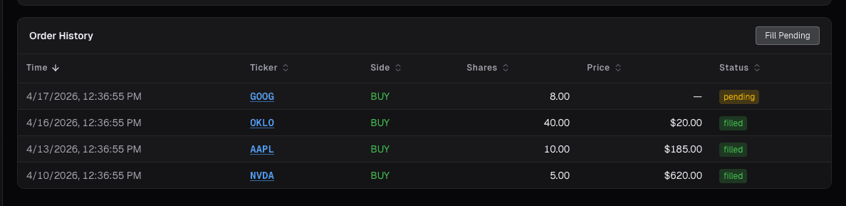 Paper trading order history card on alphactor.ai