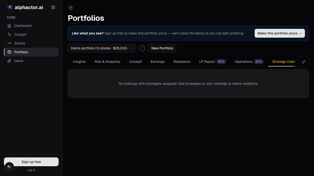 Portfolio credibility card on alphactor.ai