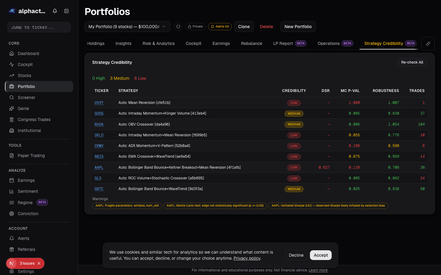 Portfolio credibility card on alphactor.ai