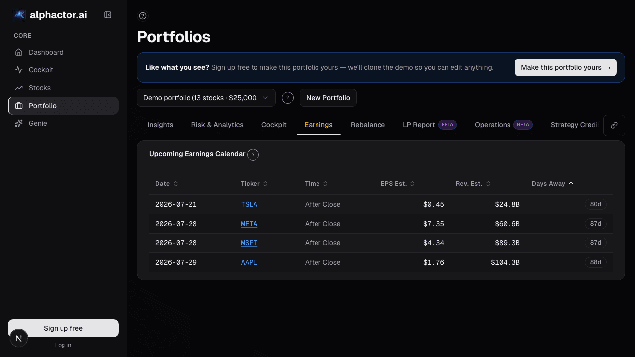 Portfolio earnings card on alphactor.ai