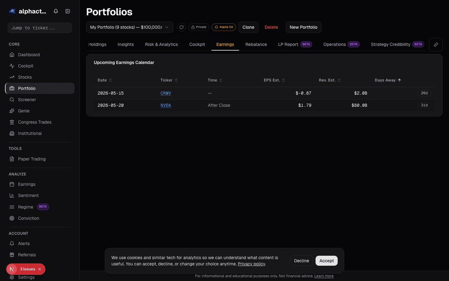 Portfolio earnings card on alphactor.ai
