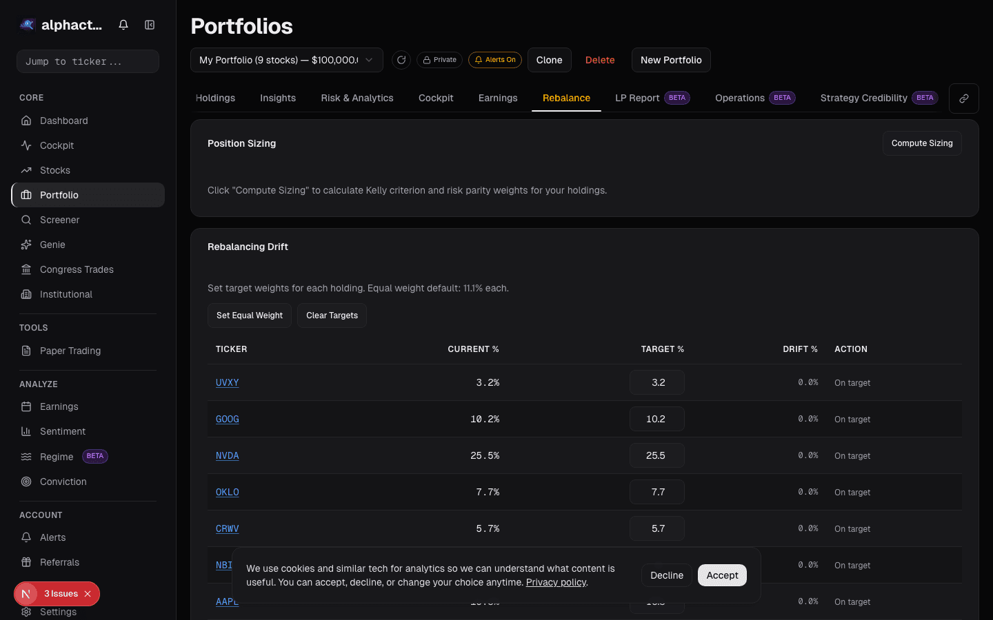 Portfolio rebalance card on alphactor.ai