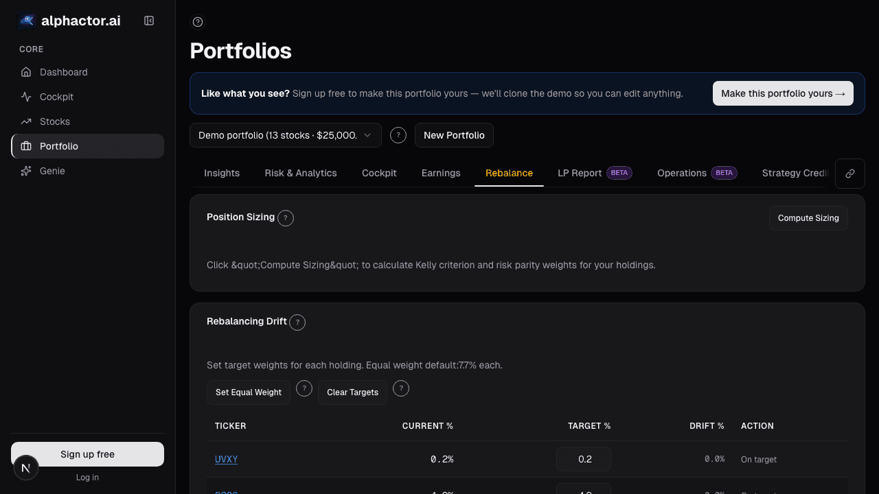 Portfolio rebalance card on alphactor.ai