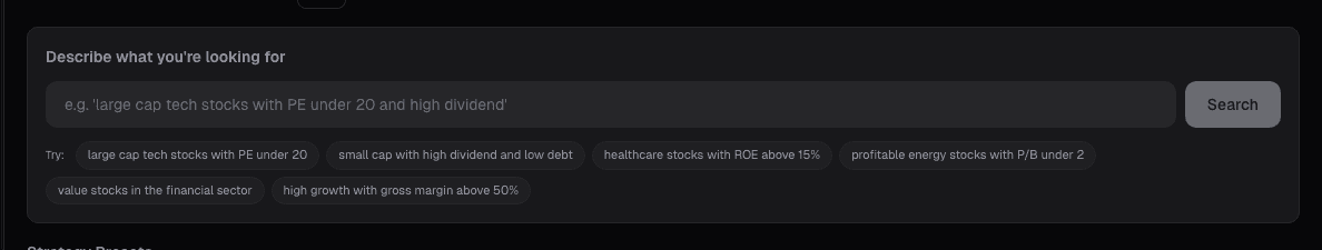 Screener filters card on alphactor.ai