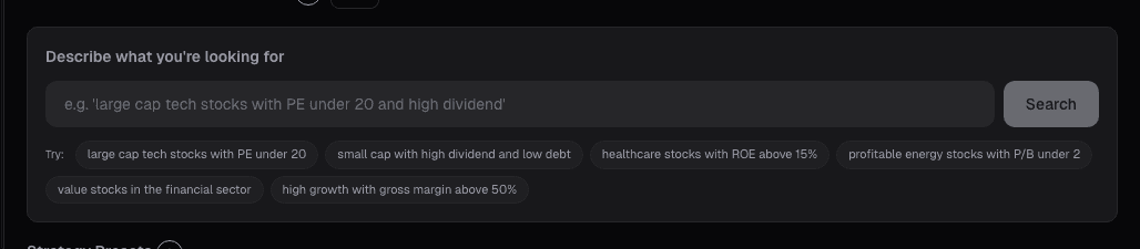 Screener filters card on alphactor.ai