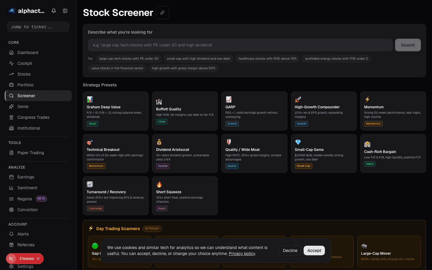 Screener results card on alphactor.ai