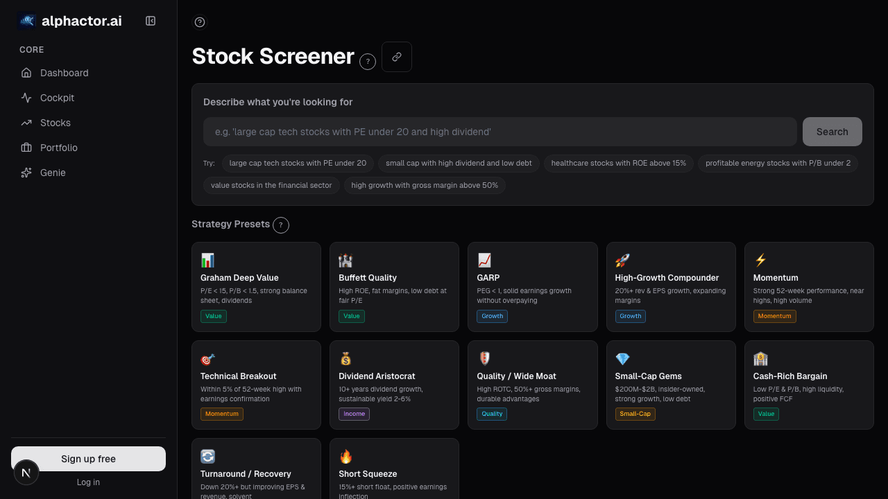 Screener results card on alphactor.ai