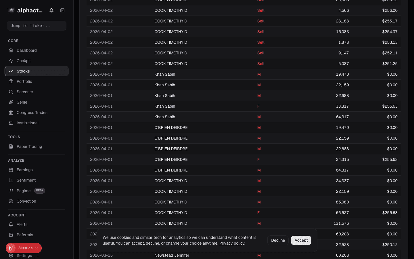 Insider transactions table on alphactor.ai