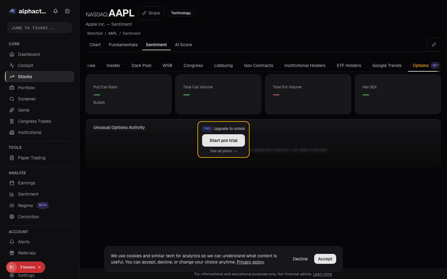 Open Interest card showing call and put walls on alphactor.ai
