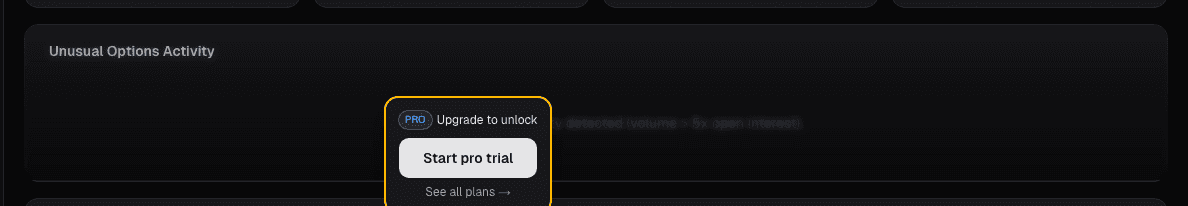 Unusual options activity card on alphactor.ai