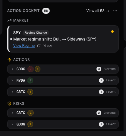 Cockpit cards showing ranked intelligence items across tracked stocks