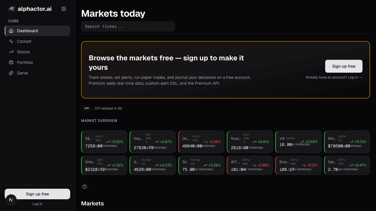 Cockpit cards showing ranked intelligence items across tracked stocks