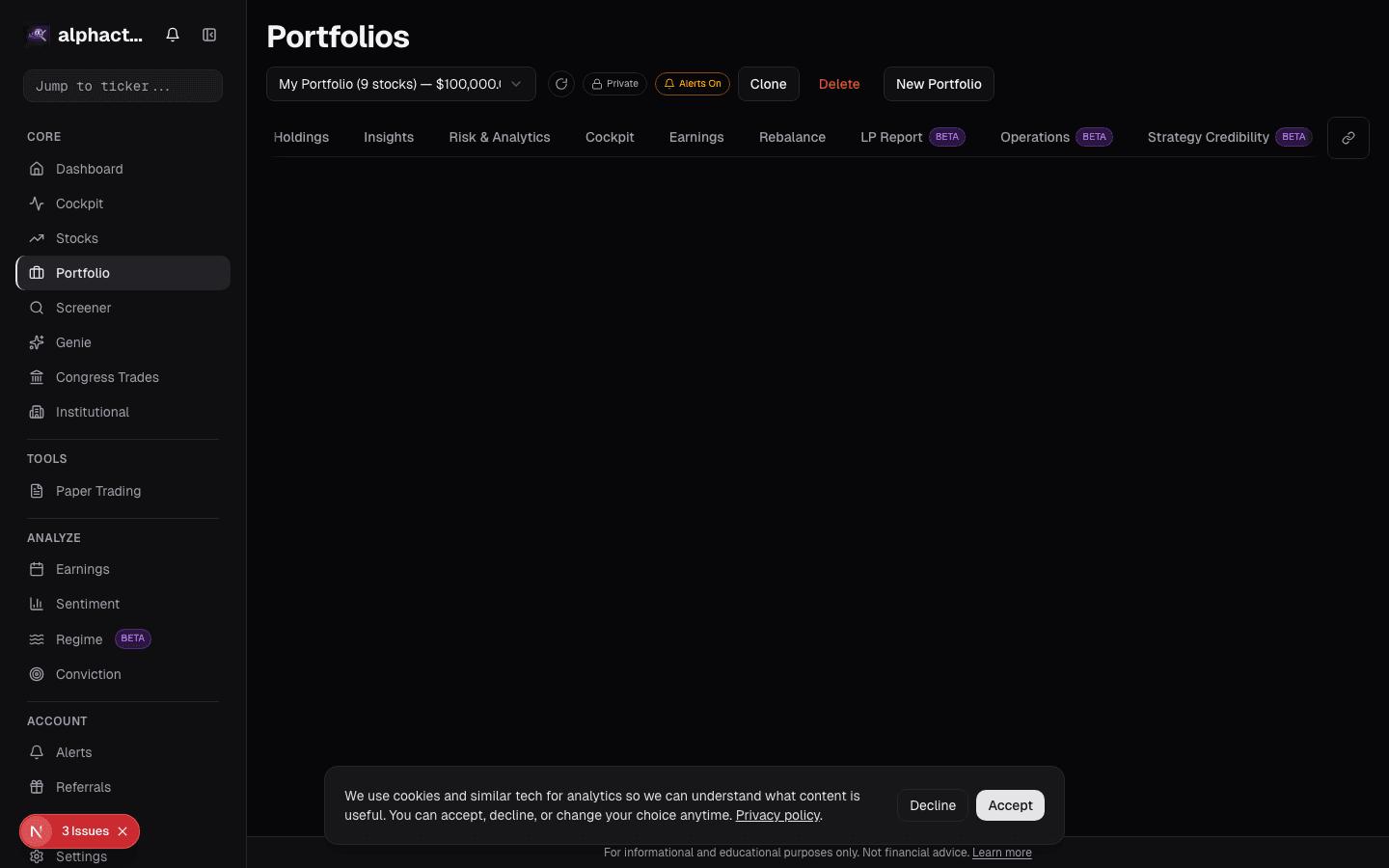 Portfolio dashboard with export options