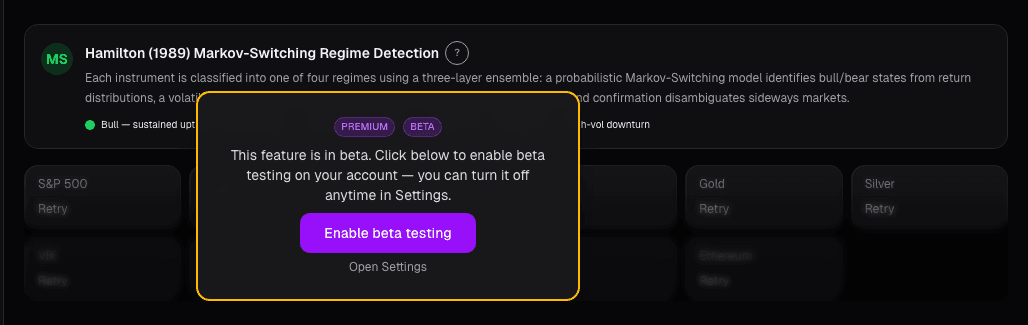 Market regime detection dashboard showing rate cycle positioning