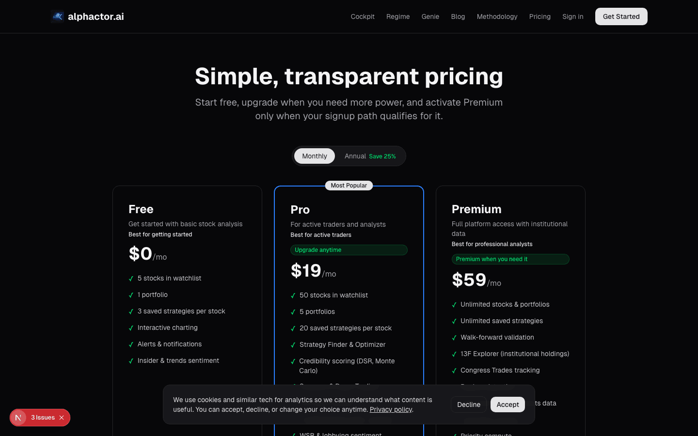 Side-by-side comparison of Free, Pro, and Premium plan features