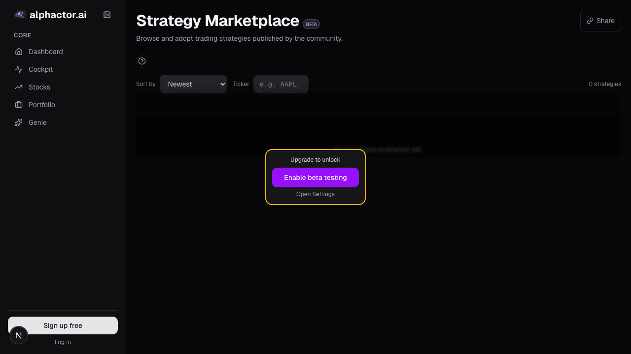 Strategy marketplace showing published multi-factor strategies