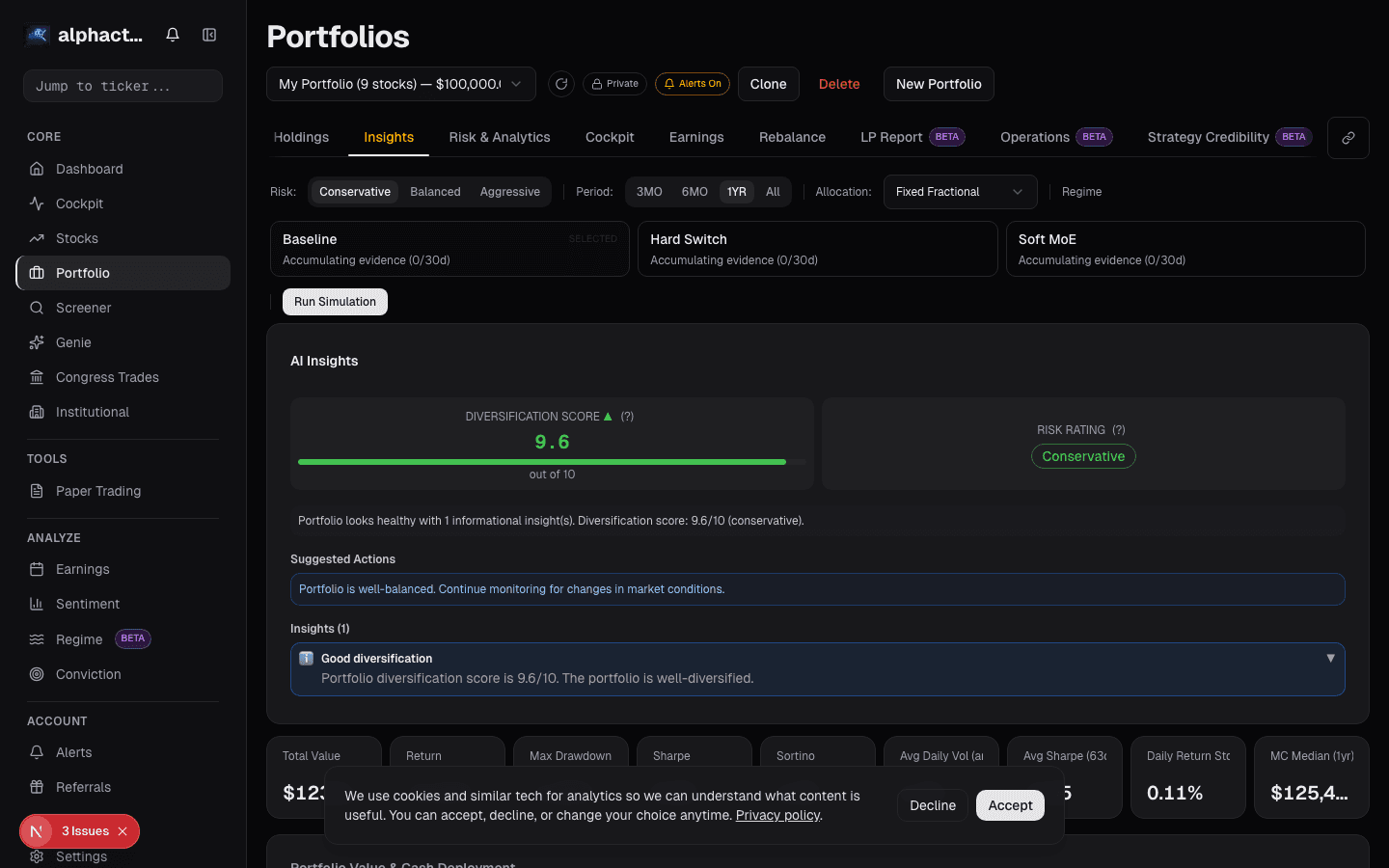 Portfolio dashboard with regime-aware allocation