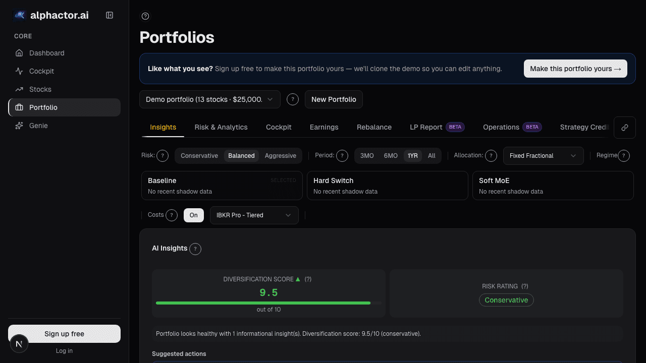 Portfolio dashboard with regime-aware allocation