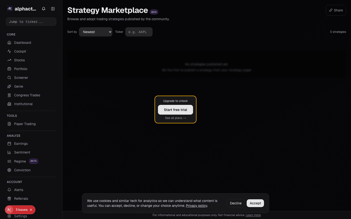 Strategy Marketplace grid showing published strategies with performance metrics