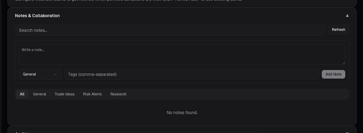 Portfolio dashboard with position notes and performance tracking