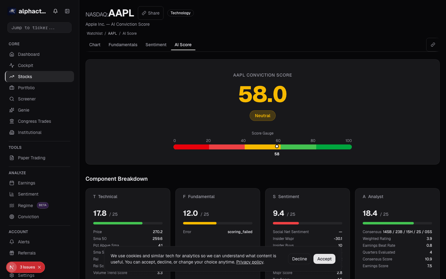 Watchlist with conviction scores and active signals surfaced alongside tickers