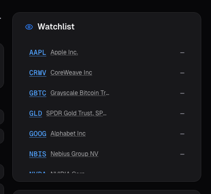 Dashboard watchlist card on alphactor.ai