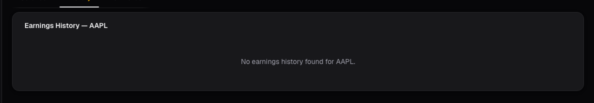 Earnings history per-ticker card on alphactor.ai