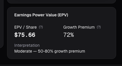 EPV earnings power value card on alphactor.ai