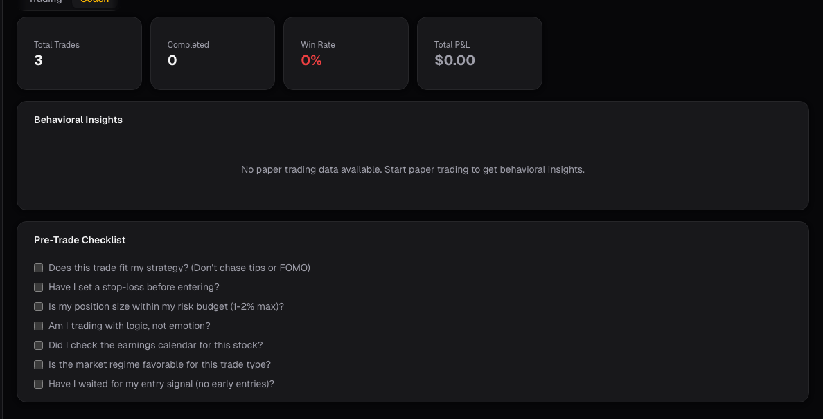 Paper trading coach card on alphactor.ai