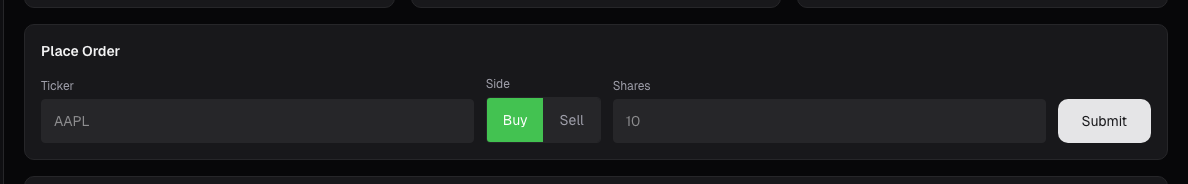 Paper trading order entry card on alphactor.ai