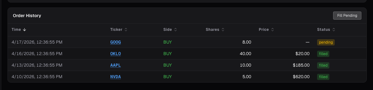 Paper trading order history card on alphactor.ai