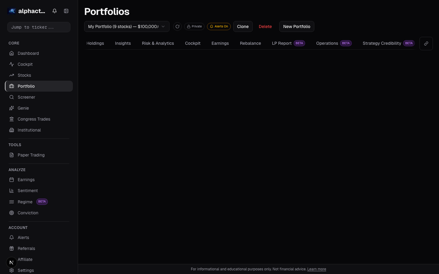Portfolio optimizer card on alphactor.ai