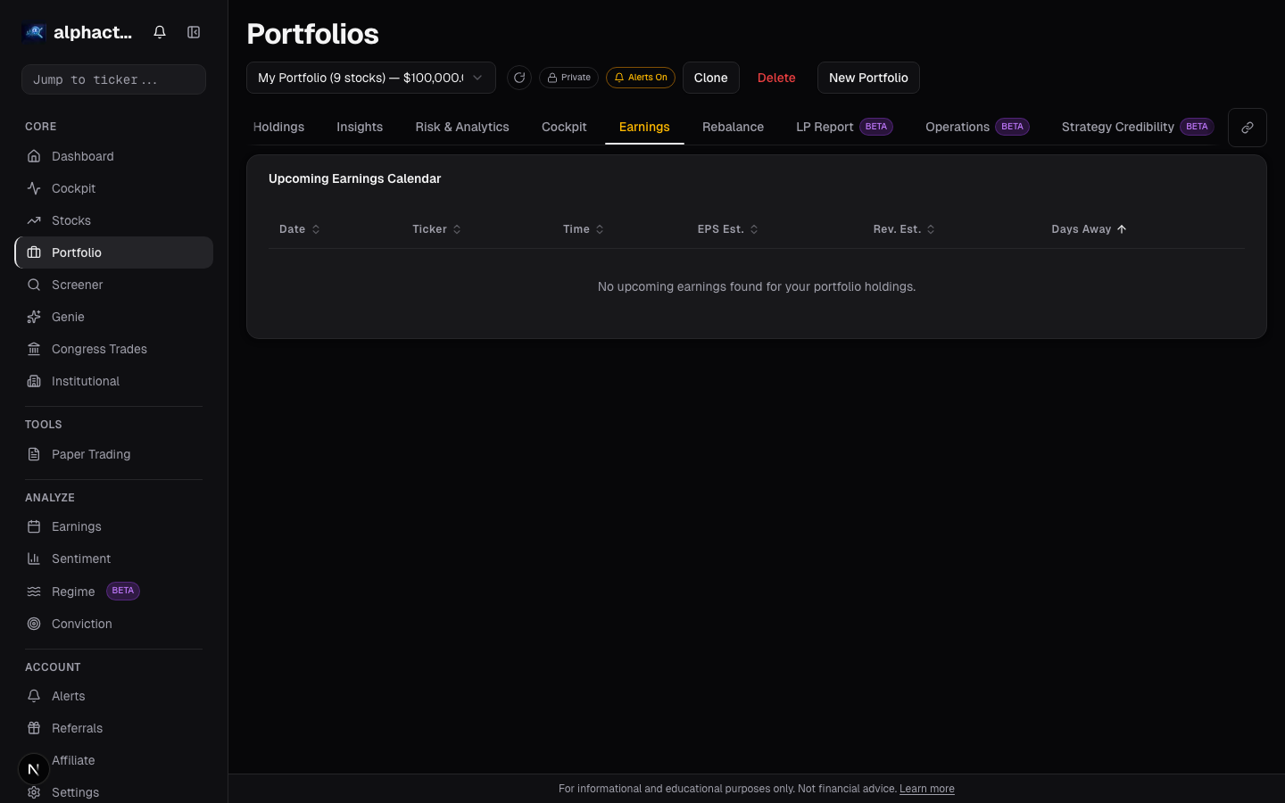 Portfolio earnings card on alphactor.ai
