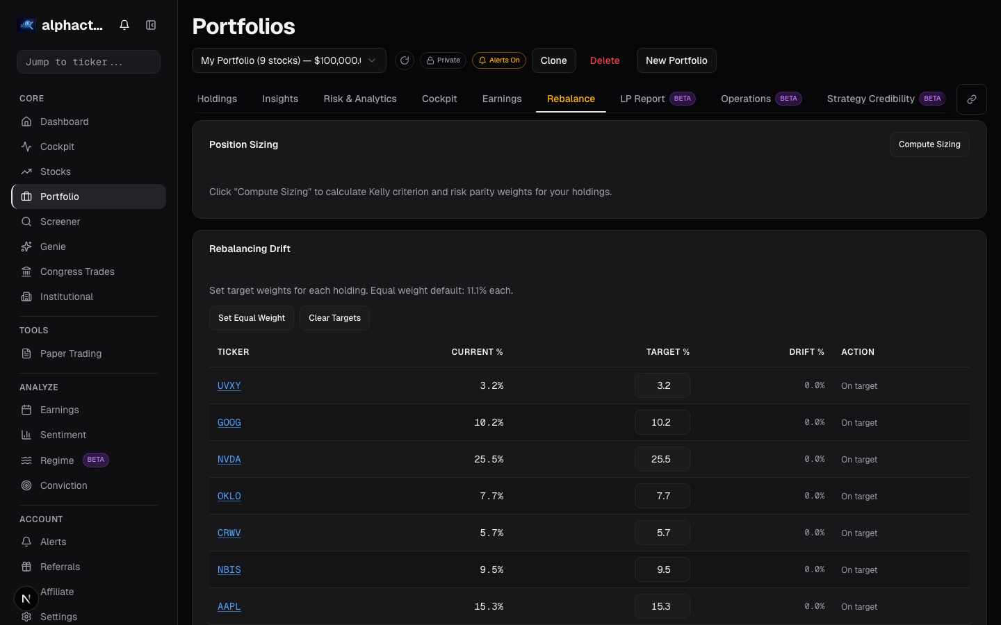 Portfolio rebalance card on alphactor.ai