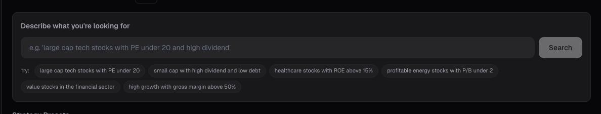Screener filters card on alphactor.ai