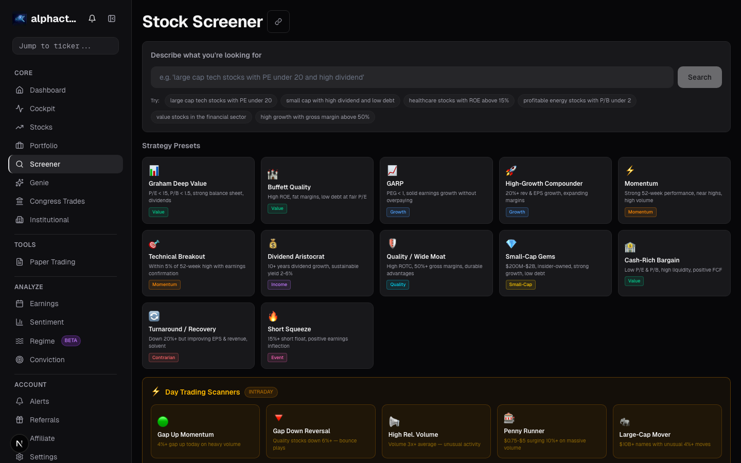 Screener results card on alphactor.ai