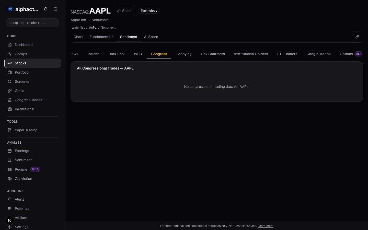 Congress per-ticker summary on alphactor.ai