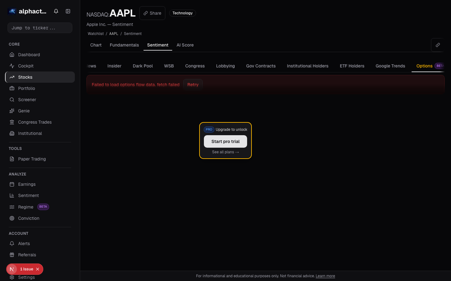 Unusual options activity card on alphactor.ai