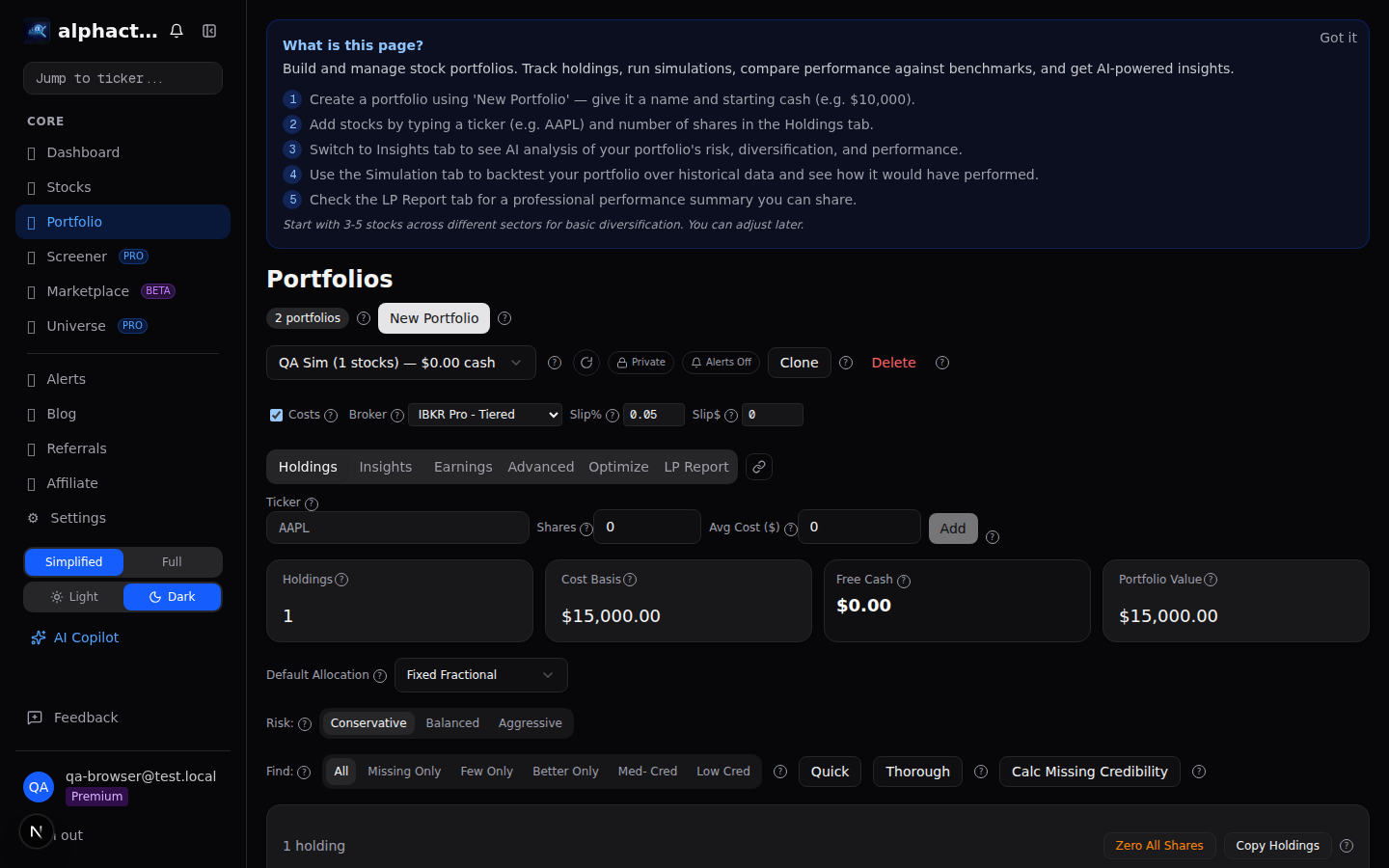 Portfolio stress test comparing concentrated vs diversified allocations