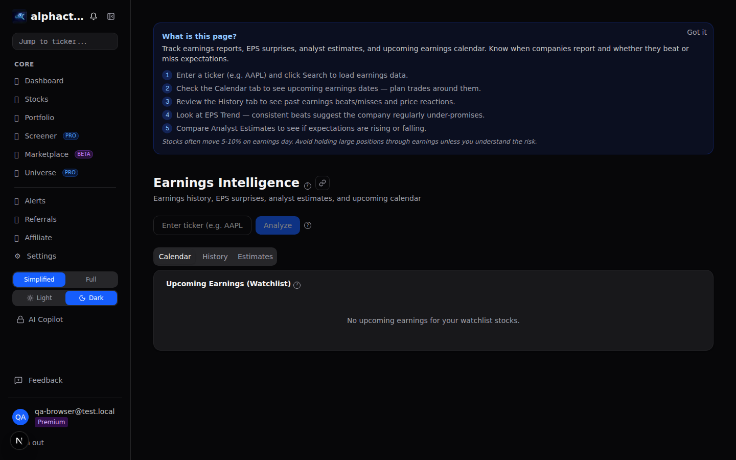 Earnings calendar with estimate revision trends