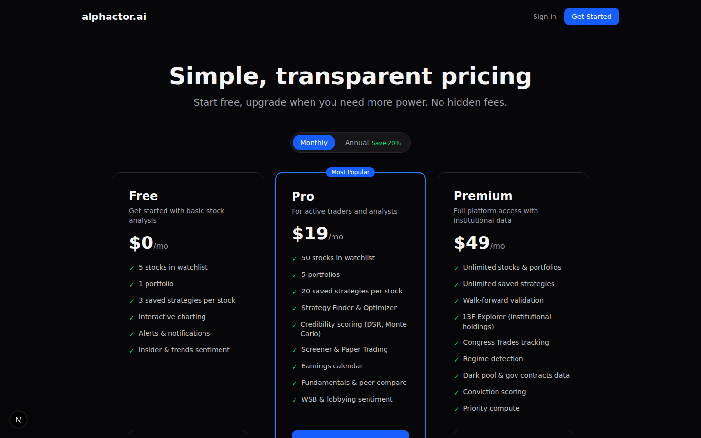Side-by-side comparison of Free, Pro, and Premium plan features