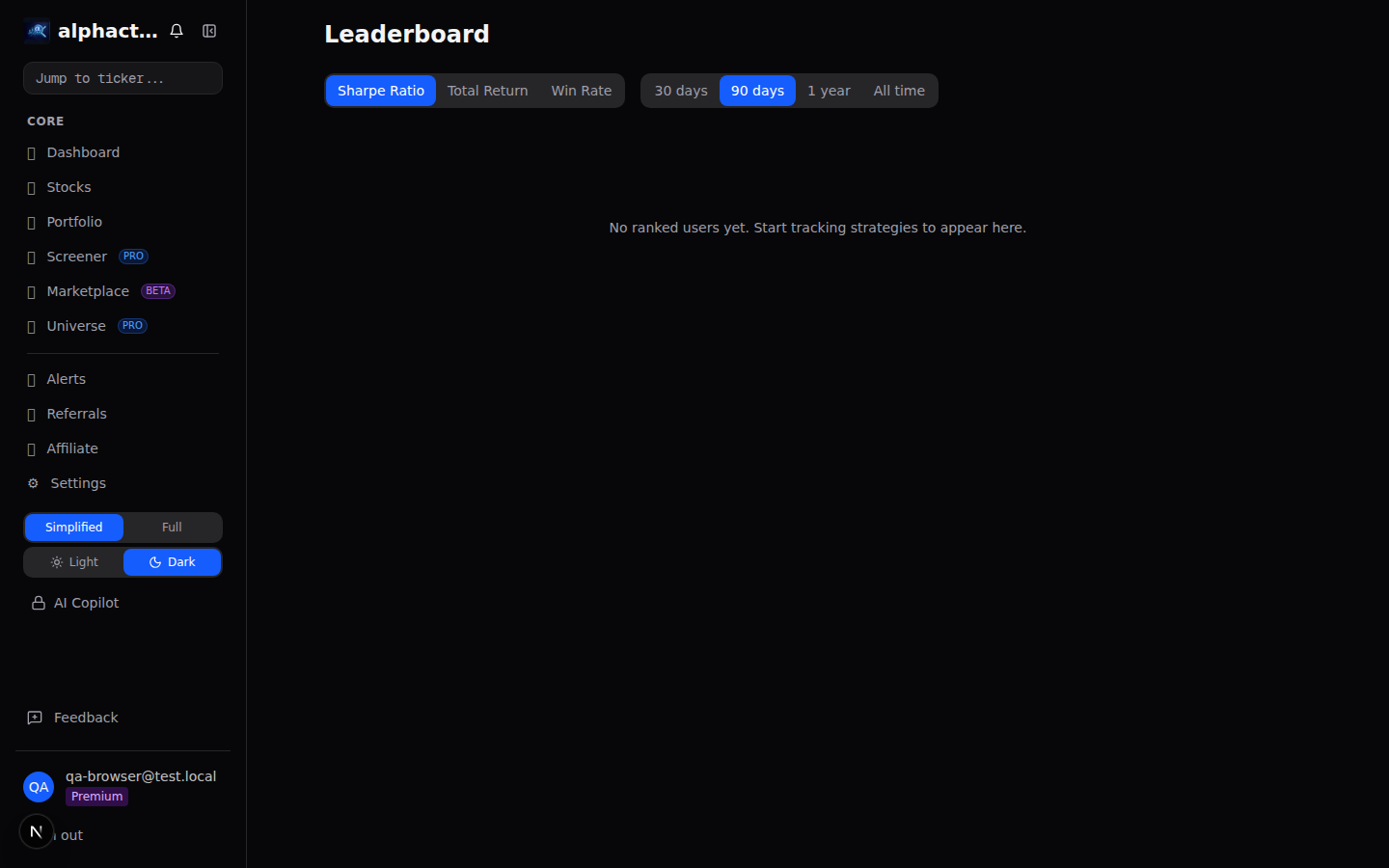 Leaderboard rankings showing top users by Sharpe Ratio with verified metrics