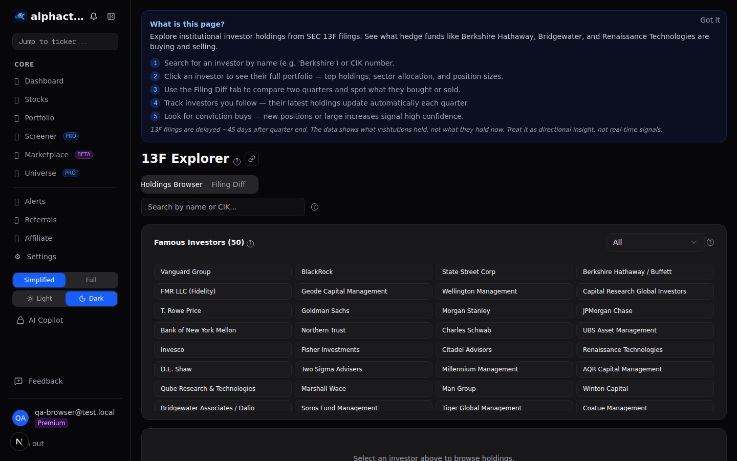 13F explorer showing quarterly position changes by fund